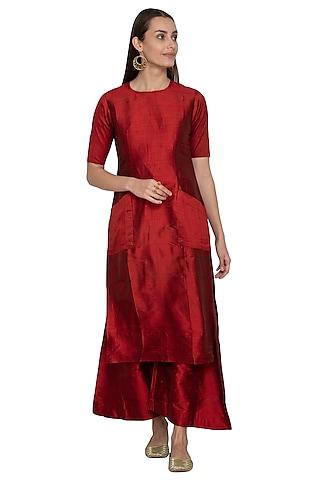 red embroidered raw silk kurta set