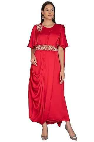 red embroidered saree gown with belt