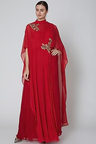 red embroidered saree gown