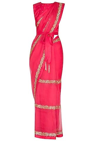 red embroidered saree set with belt