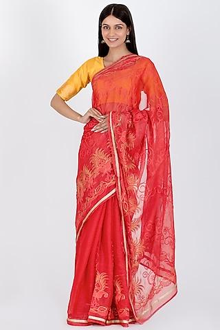 red embroidered saree set