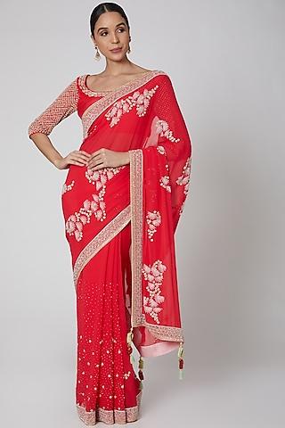 red embroidered saree set
