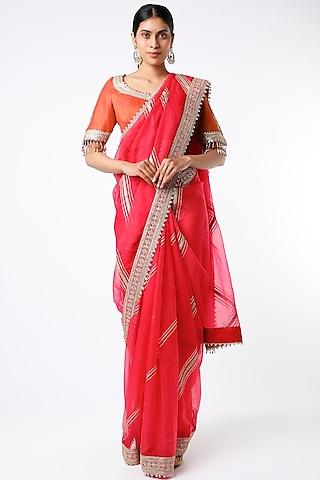 red embroidered saree set