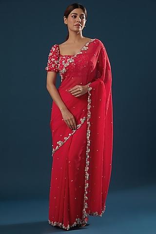 red embroidered saree set