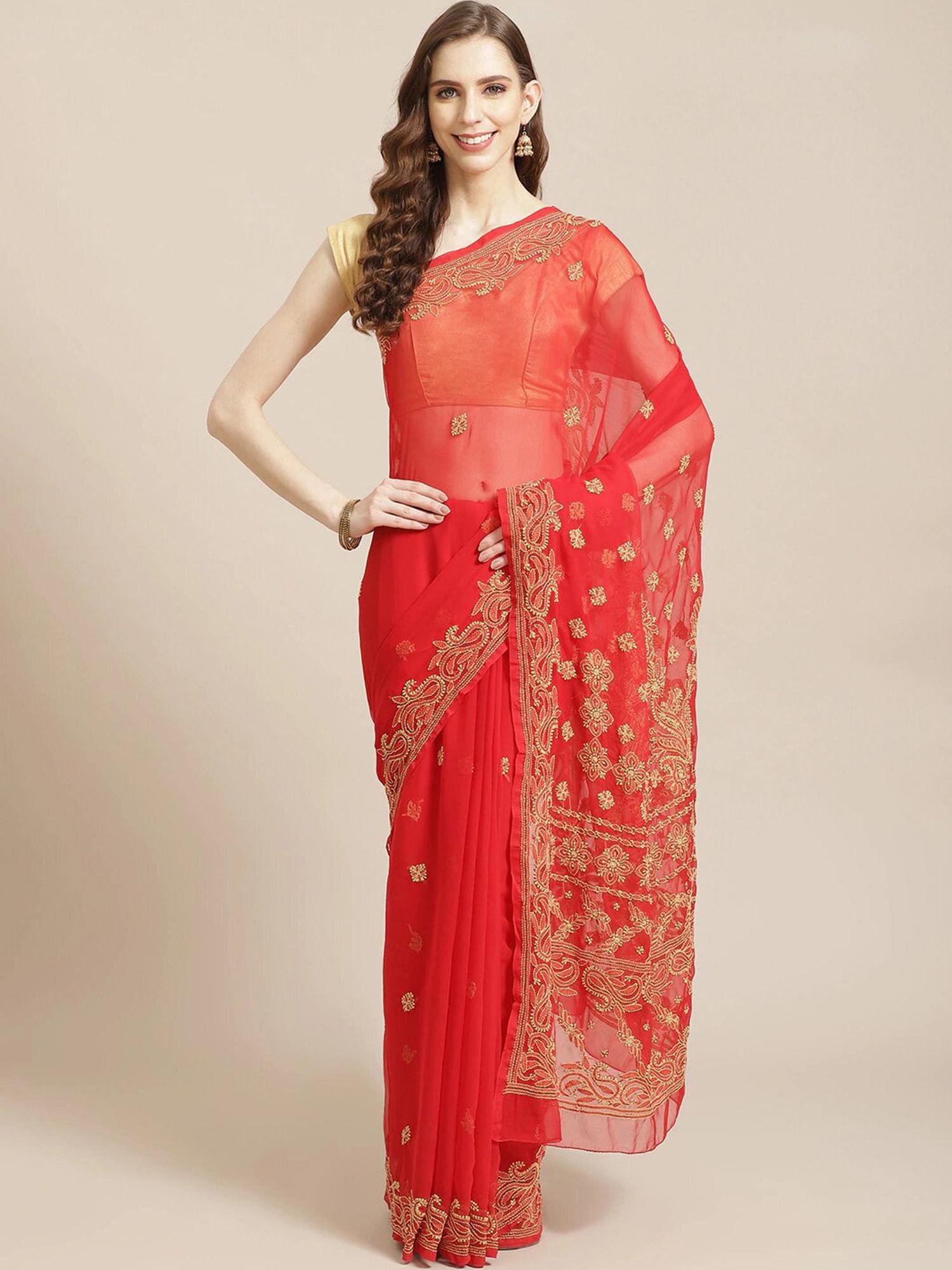 red embroidered saree with unstitched blouse (a311193)