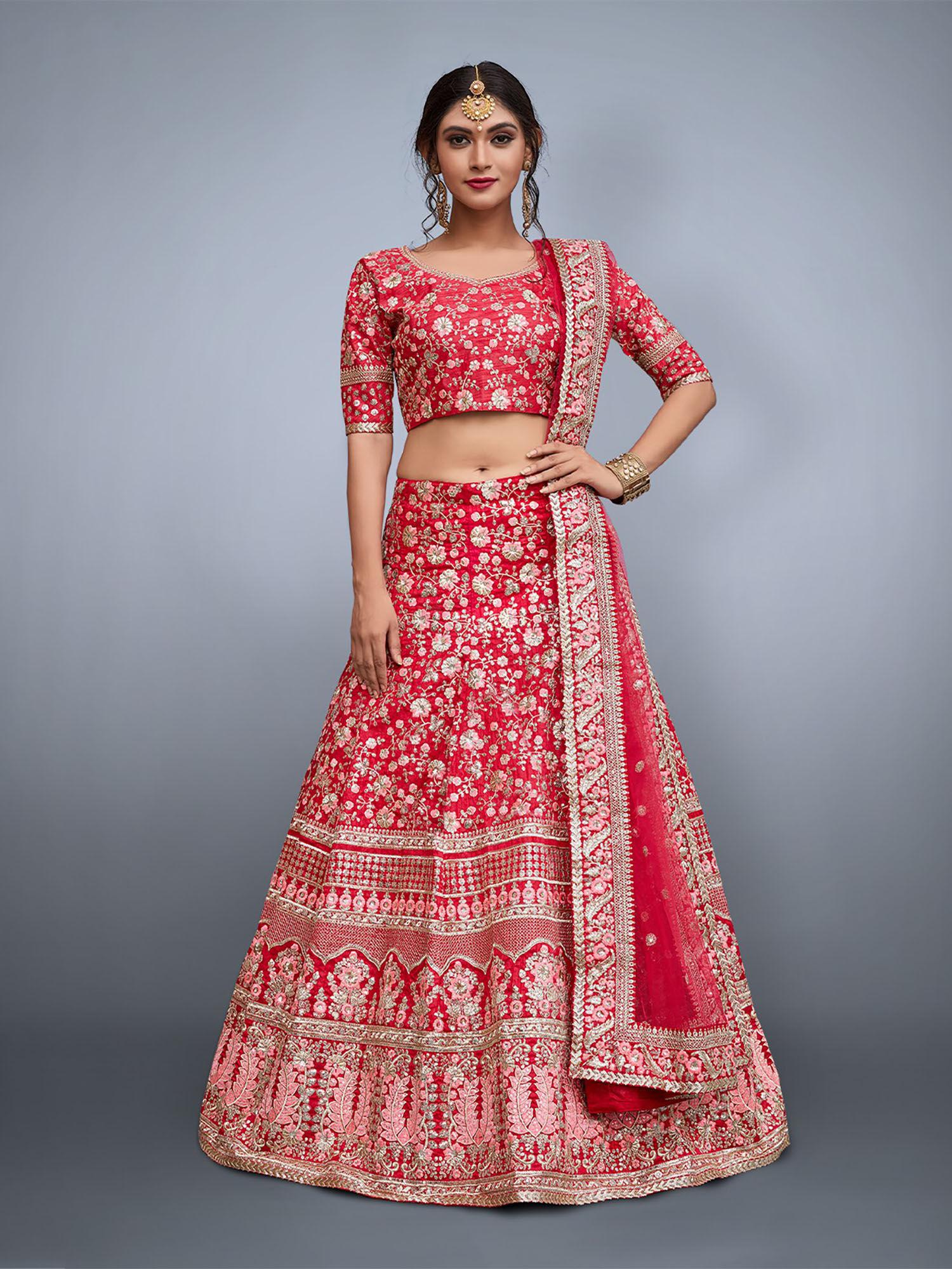 red embroidered semi stitched lehenga with unstitched blouse (set of 3)