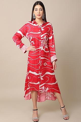 red embroidered shirt dress