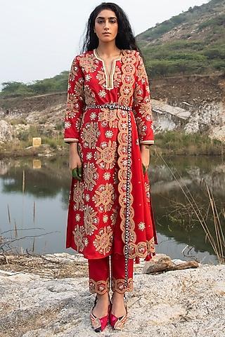 red embroidered silk kurta set