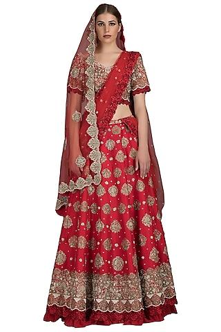 red embroidered silk lehenga set