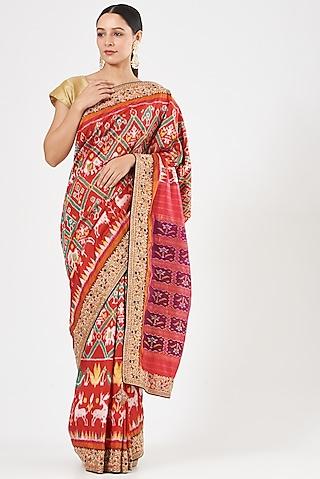 red embroidered silk saree