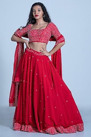 red embroidered skirt set