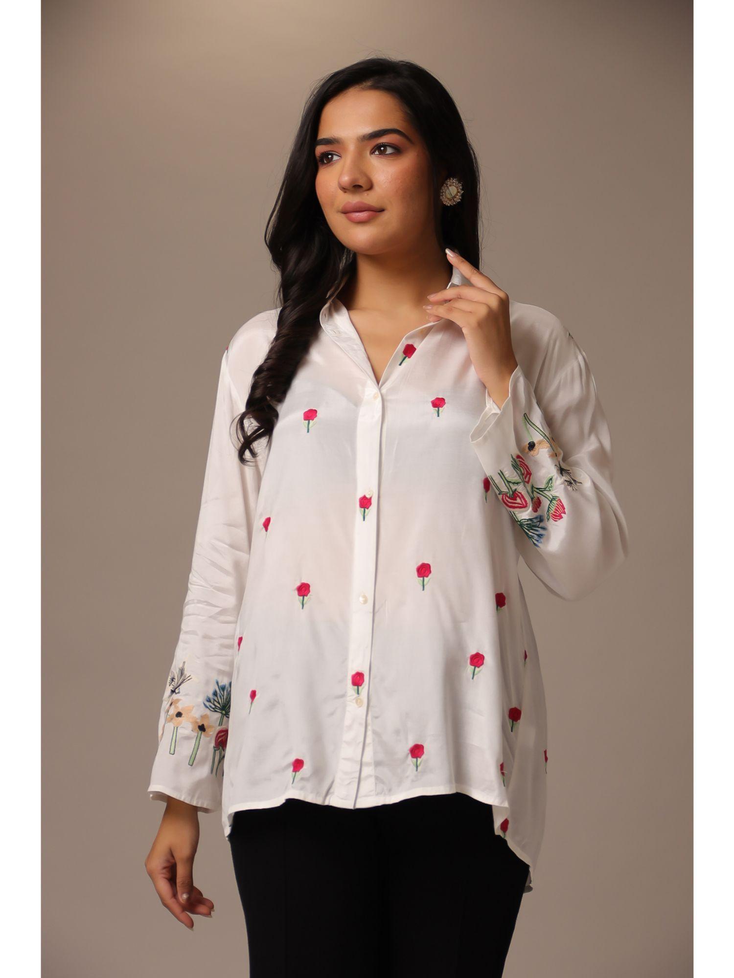 red embroidered thread work full sleeves shirt