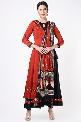 red embroidered tiered angrakha kurta set