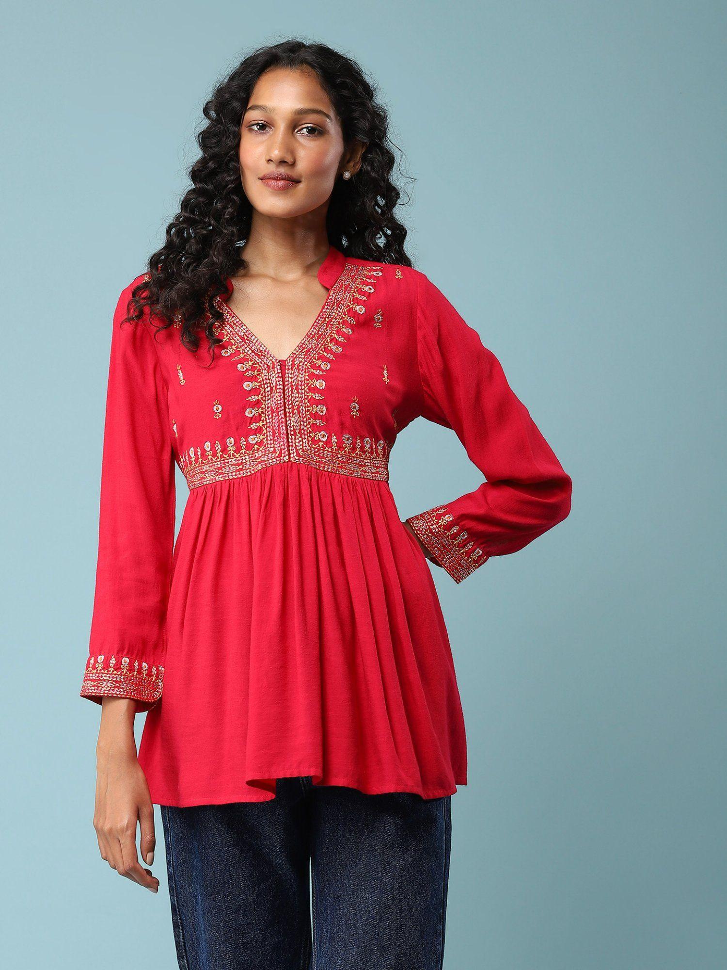 red embroidered top