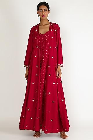 red embroidered tunic set