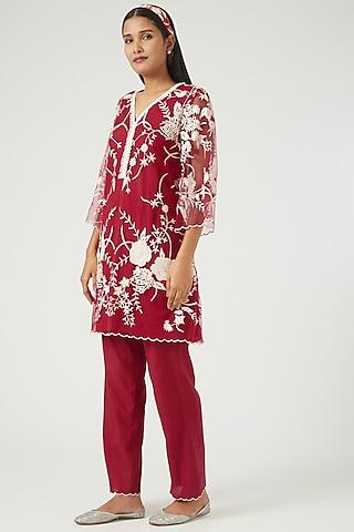 red embroidered tunic set