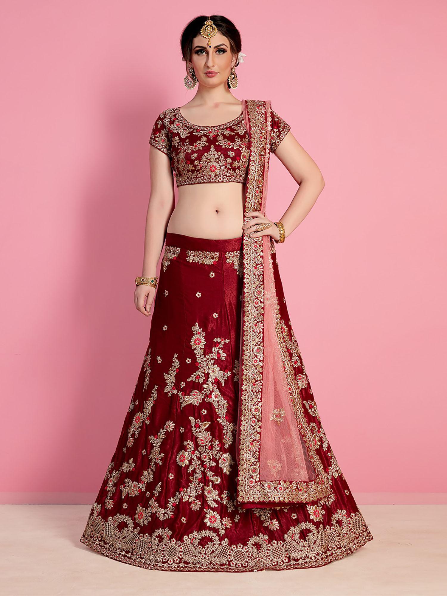 red embroidered velvet silk semi stitched lehenga with unstitched blouse (set of 3)
