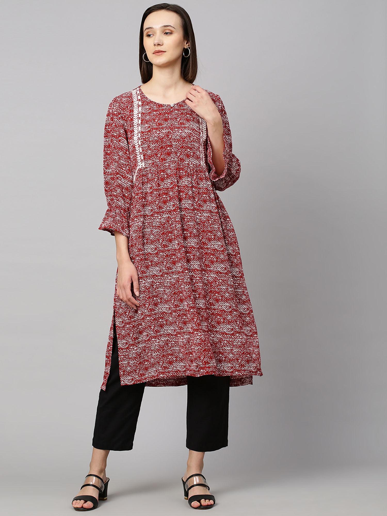 red embroidered viscose crepe kurta