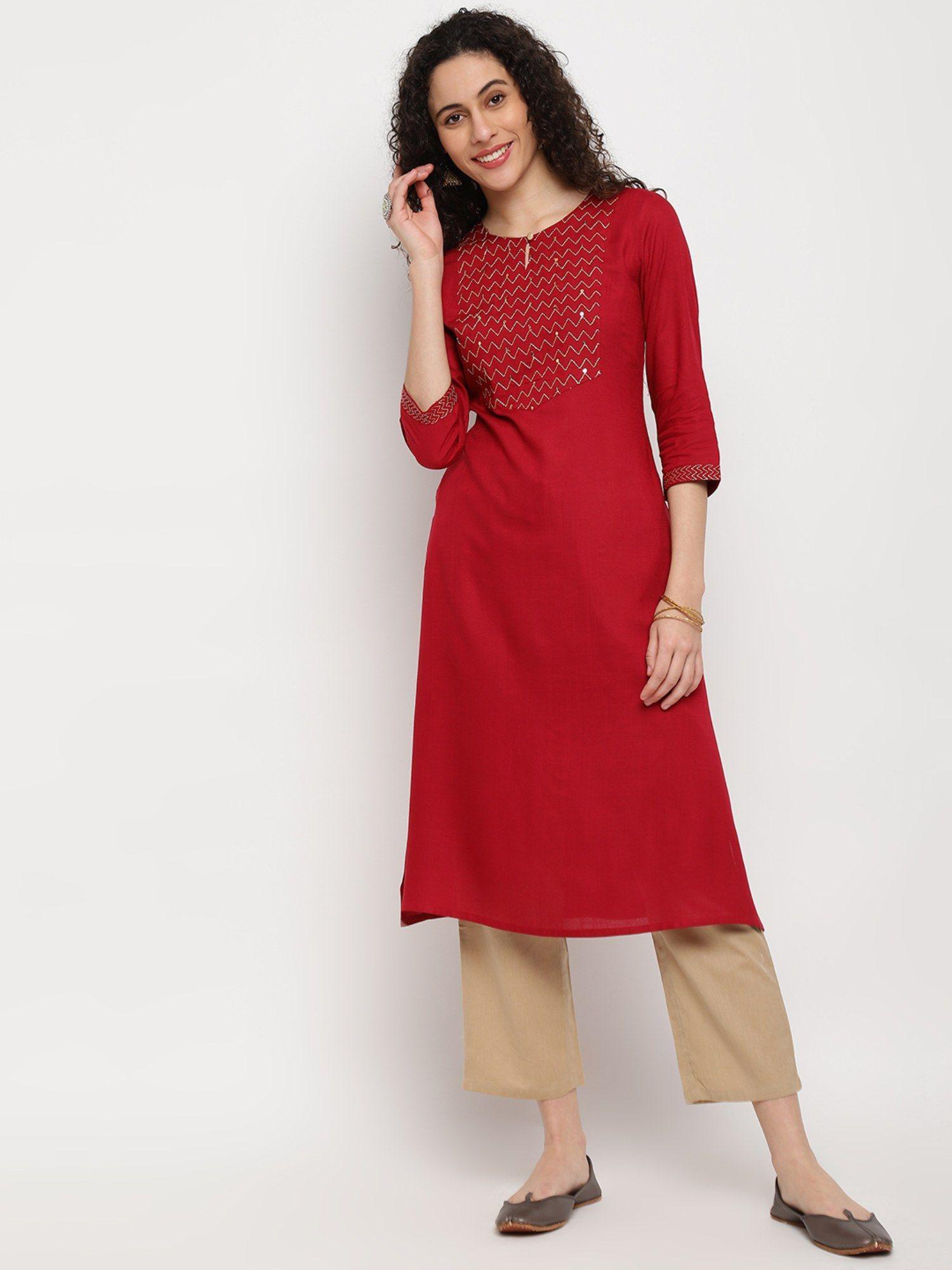 red embroidered womens a line kurta