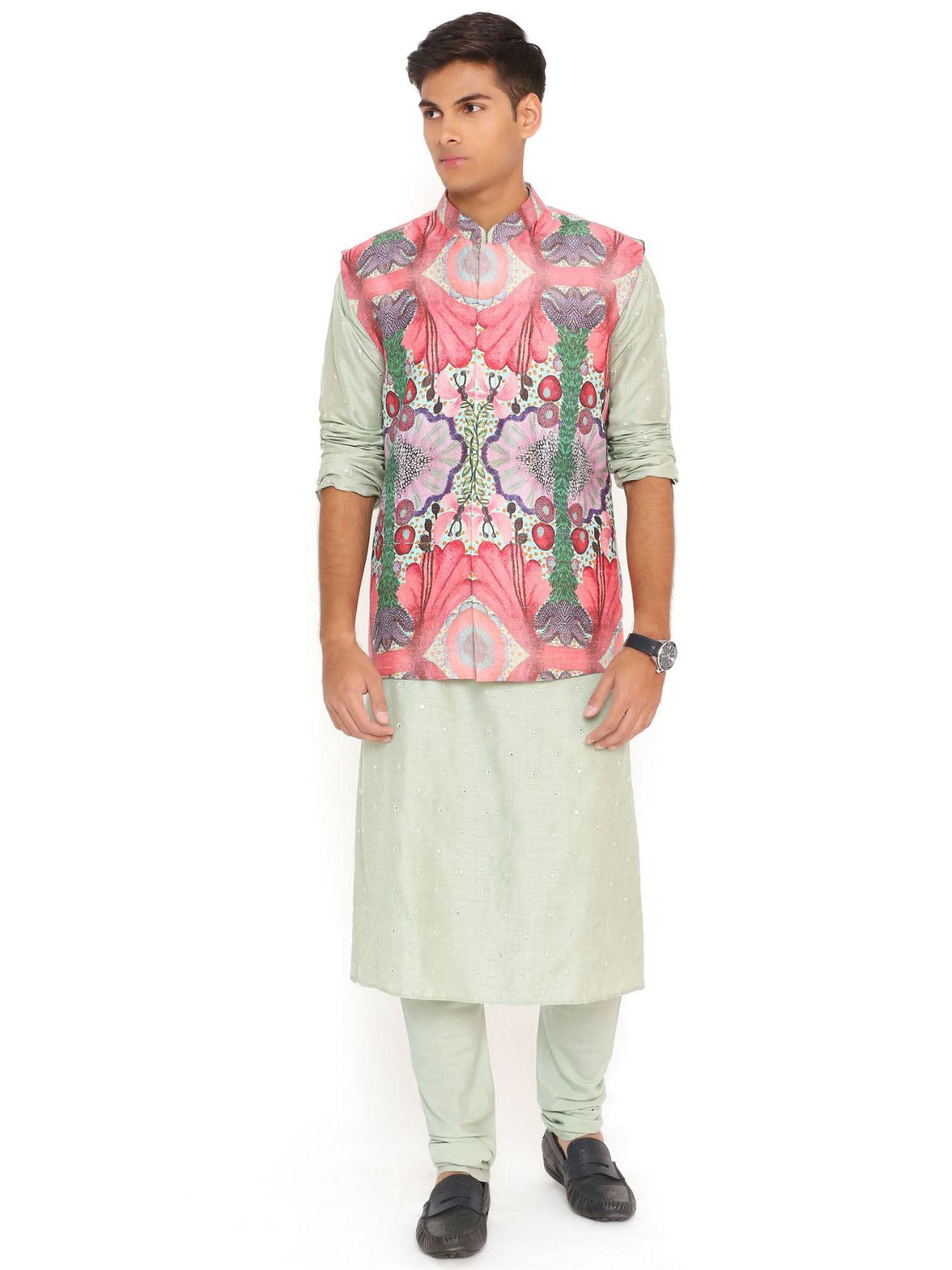 red enchanted dupion bandi mint kurta and churidar (set of 3)