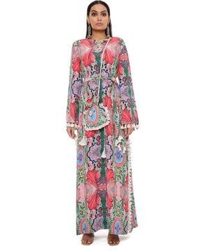 red enchanted print crepe long beyza kaftan with belt