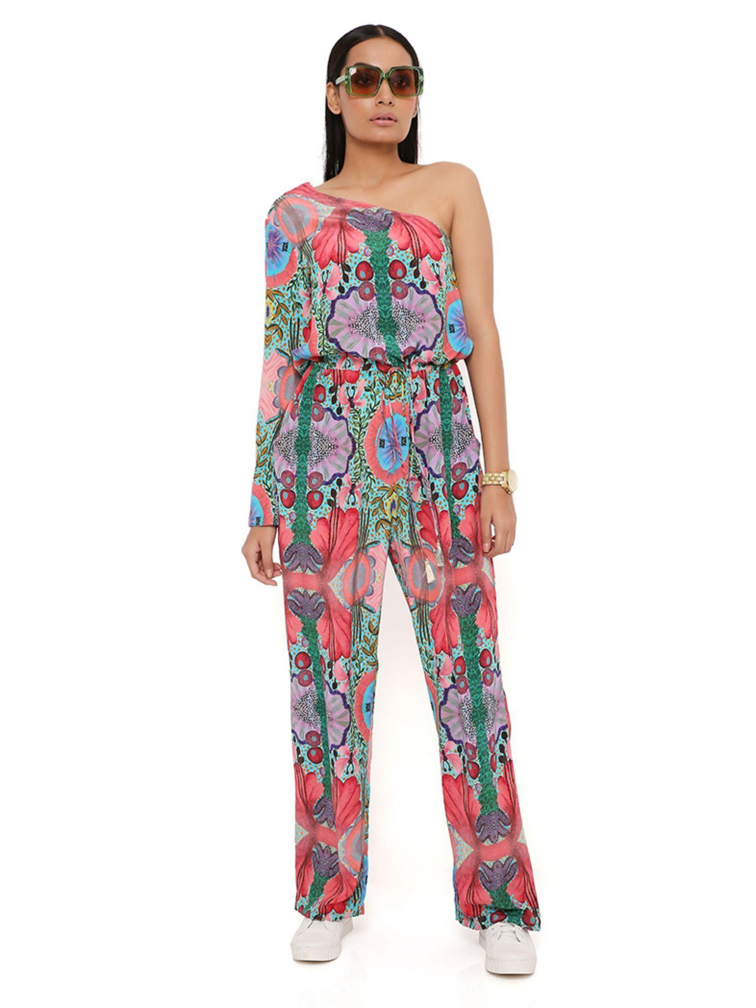 red enchanted print crepe one shoulder jumpsuit