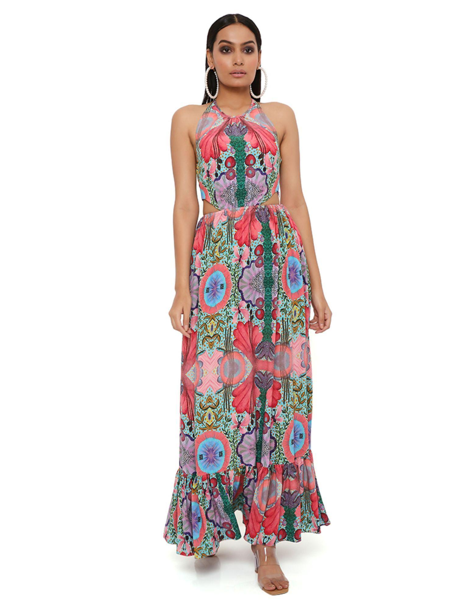 red enchanted print crepe waist cut-out dress