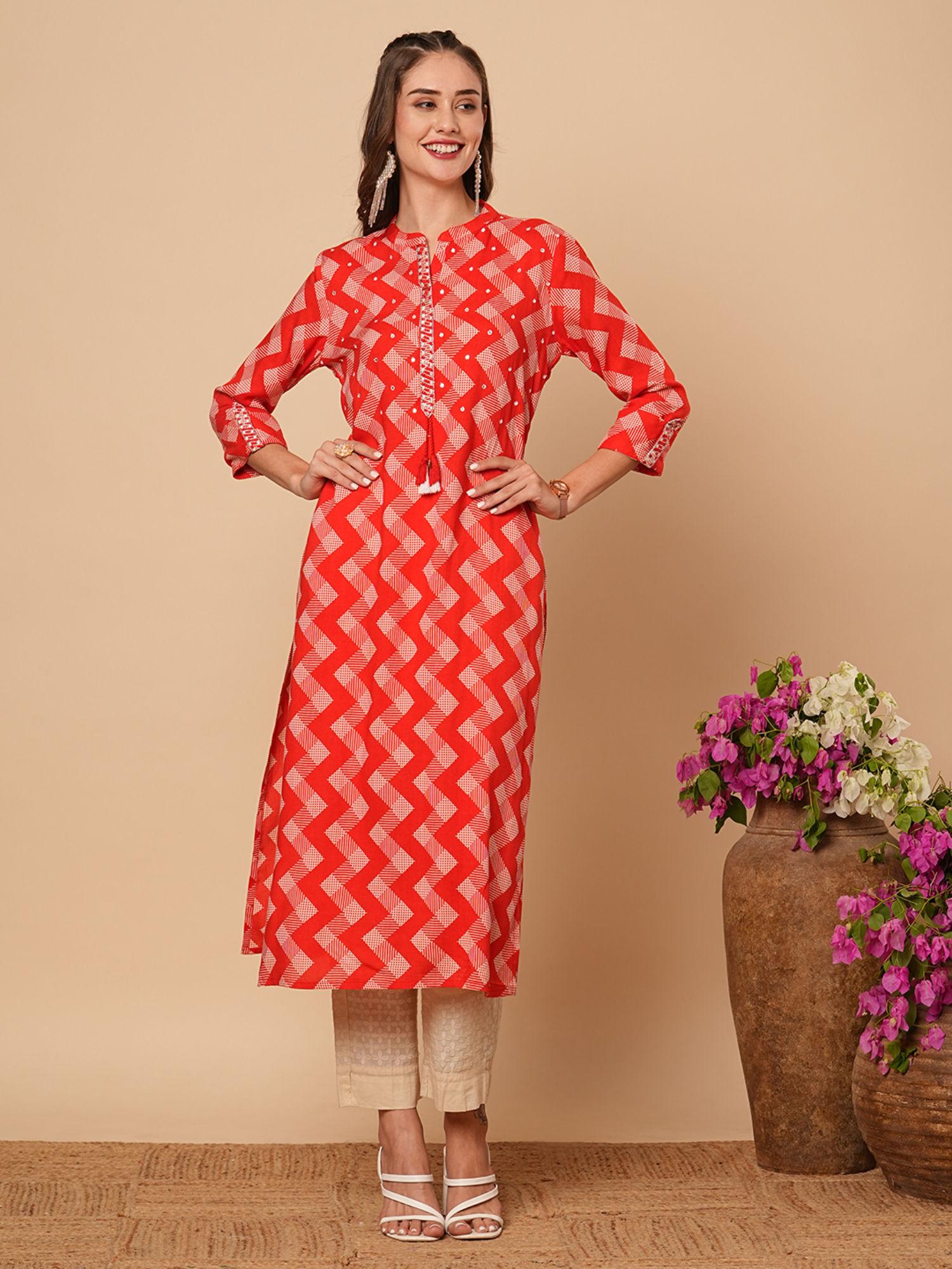 red ethnic chevron printed and mirror embroidered kurta