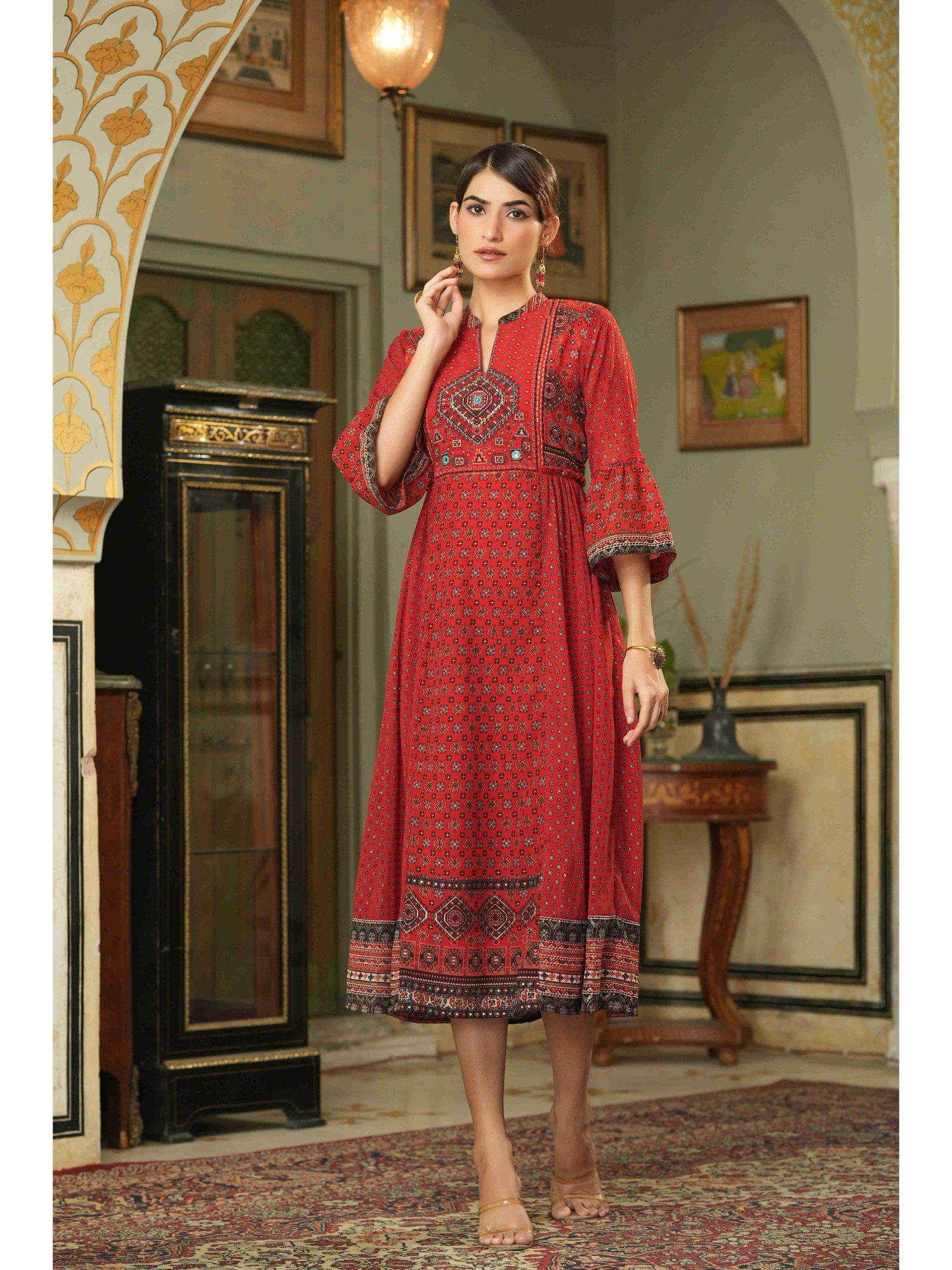 red ethnic motif printed georgette flared dress.