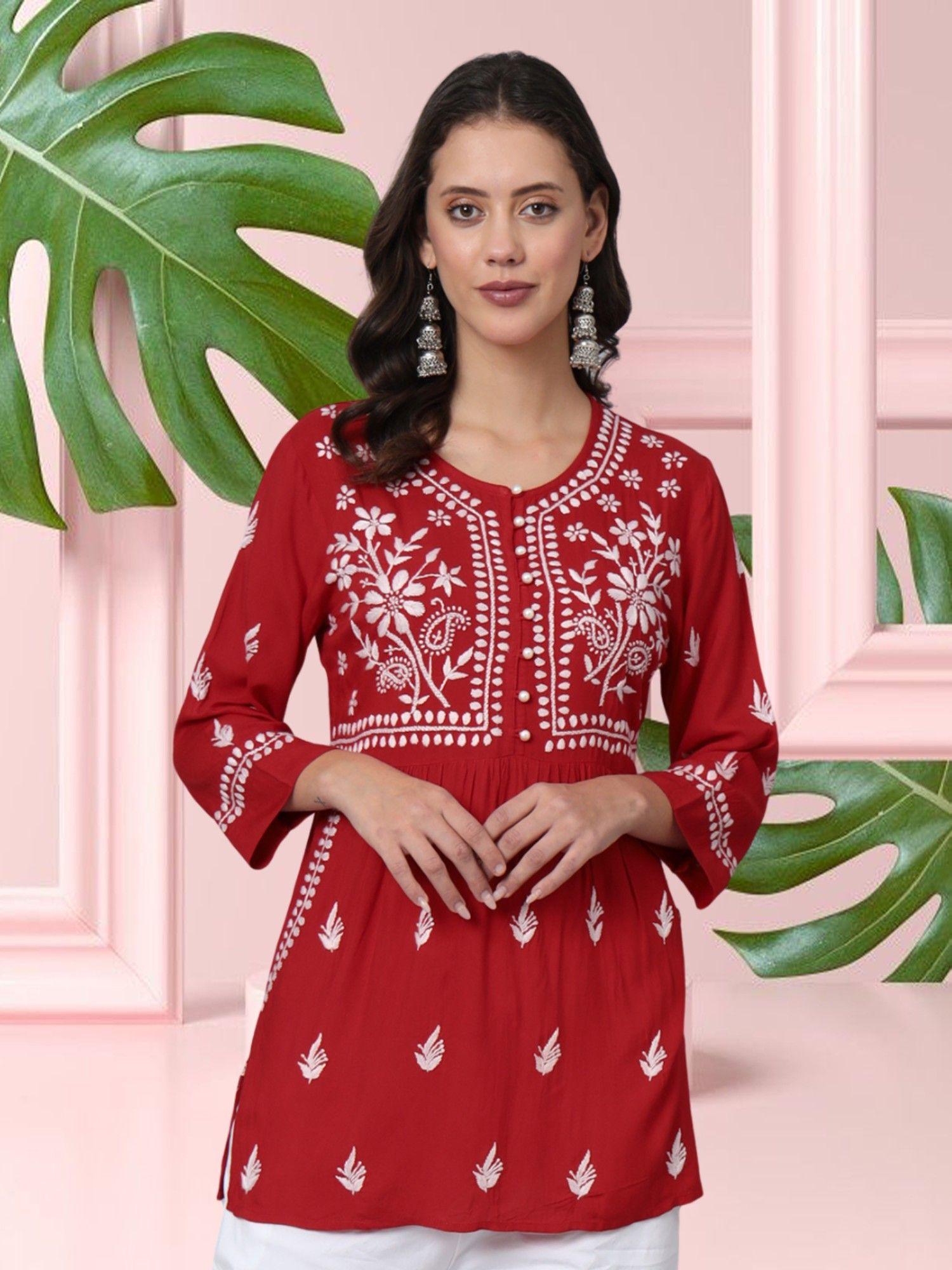 red ethnic motifs embroidered lucknowi chikankari kurti