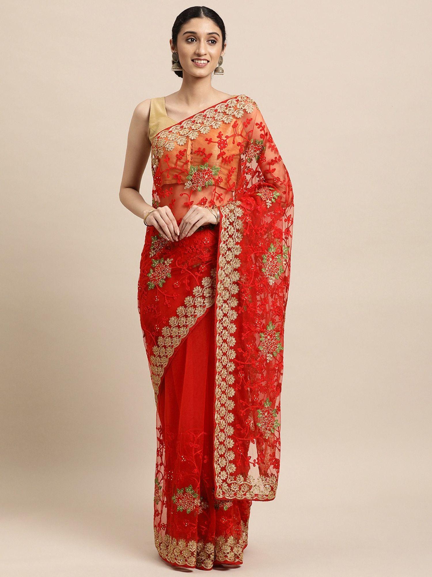 red ethnic motifs net saree with unstitched blouse