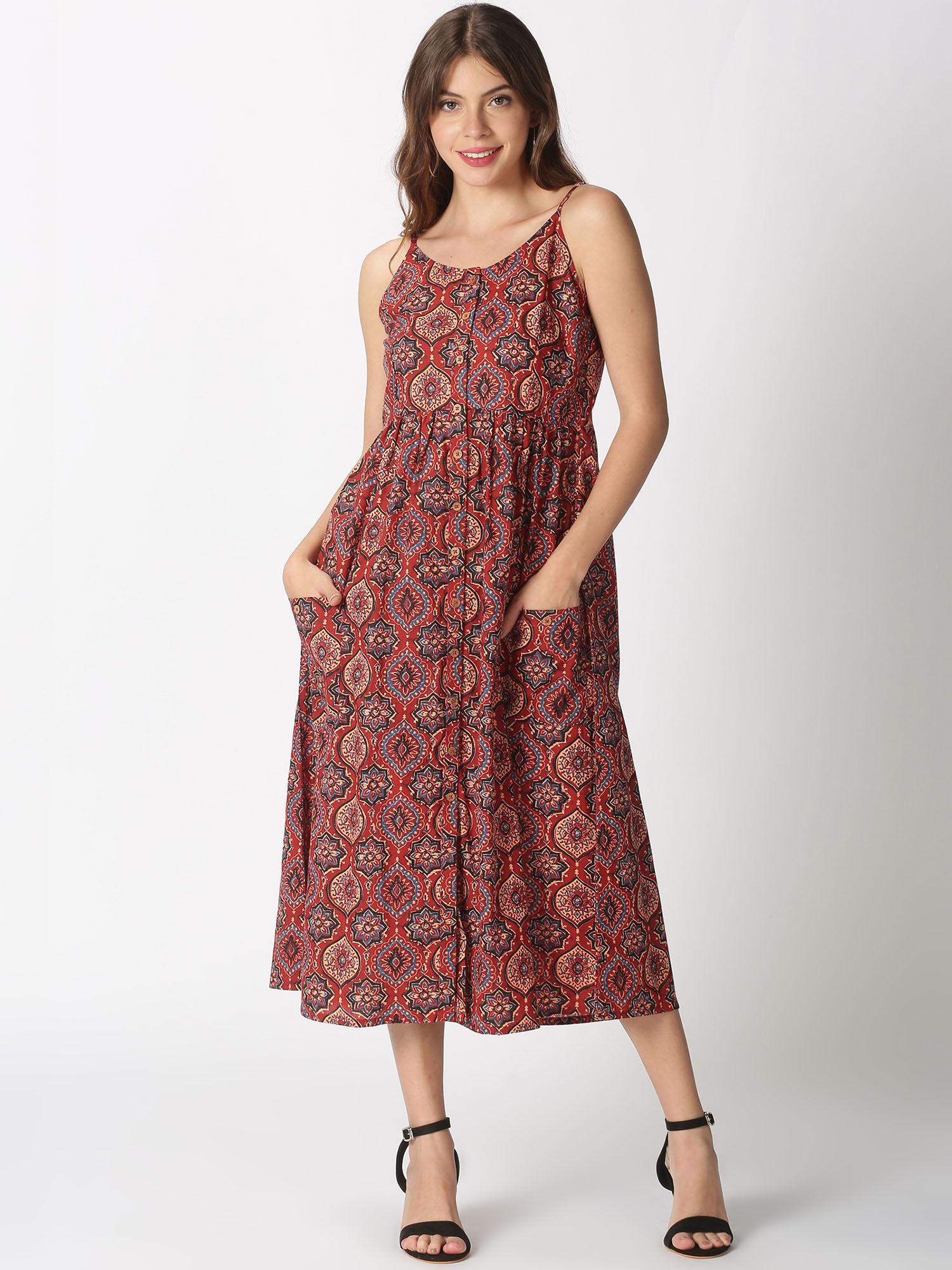 red ethnic motifs printed a-line strappy dress with front pockets