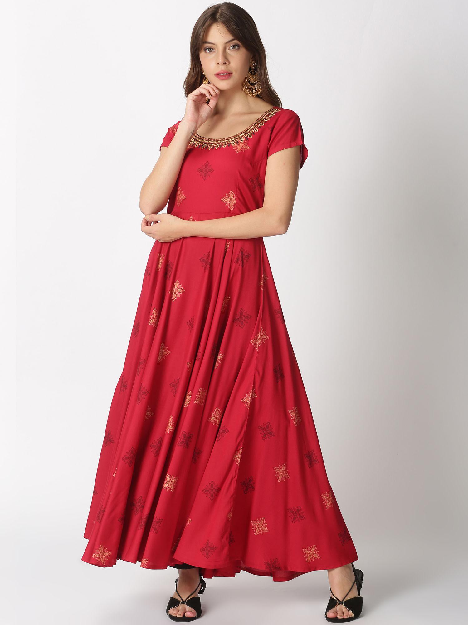 red ethnic motifs printed anarkali kurta with embroidered neck