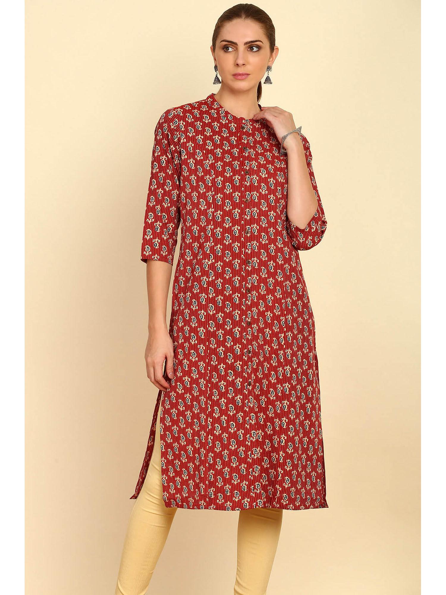 red ethnic motifs printed cotton kurta with mandarin collar