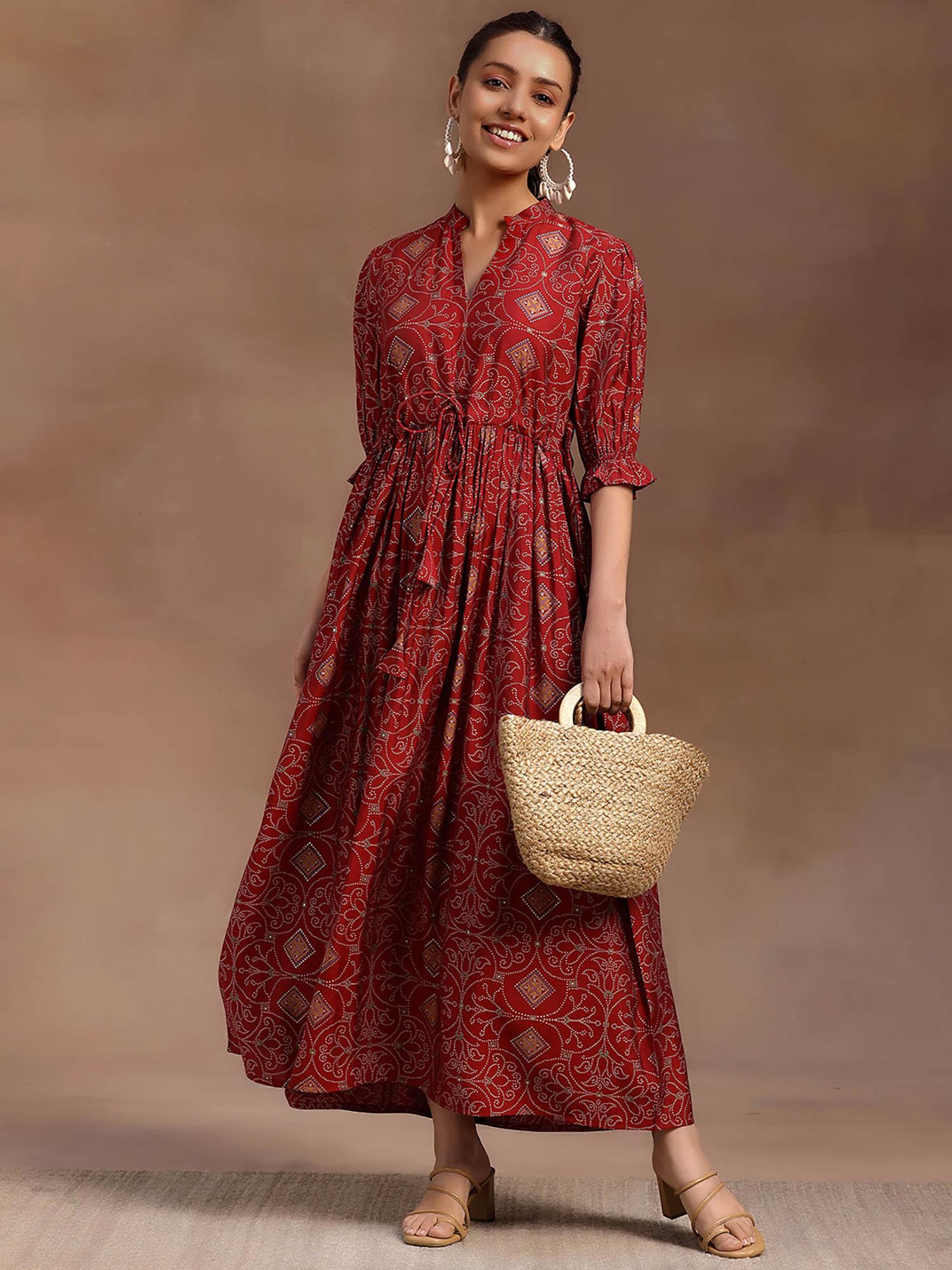 red ethnic printed fit and flared maxi dress