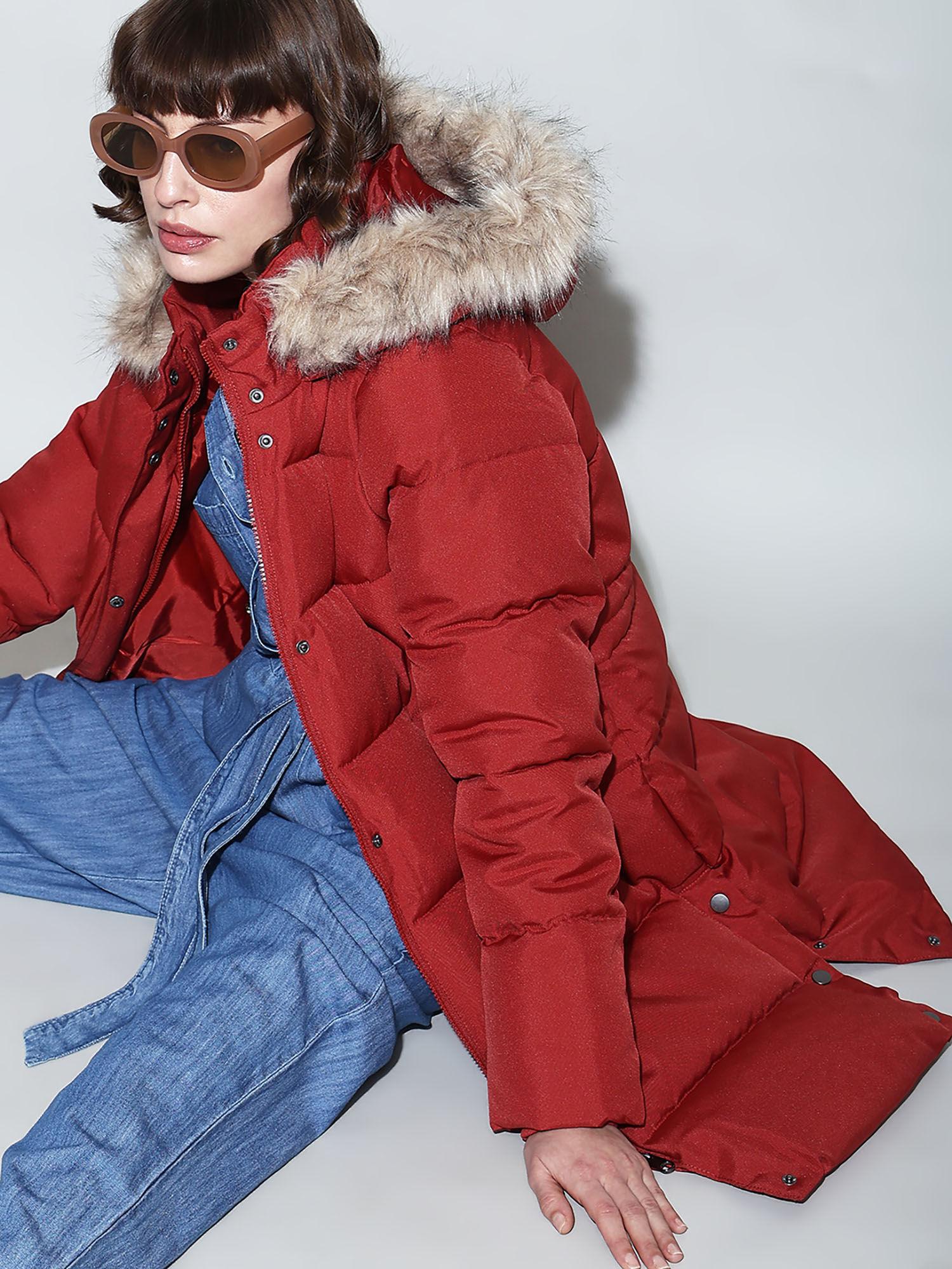 red faux fur hood puffer coat