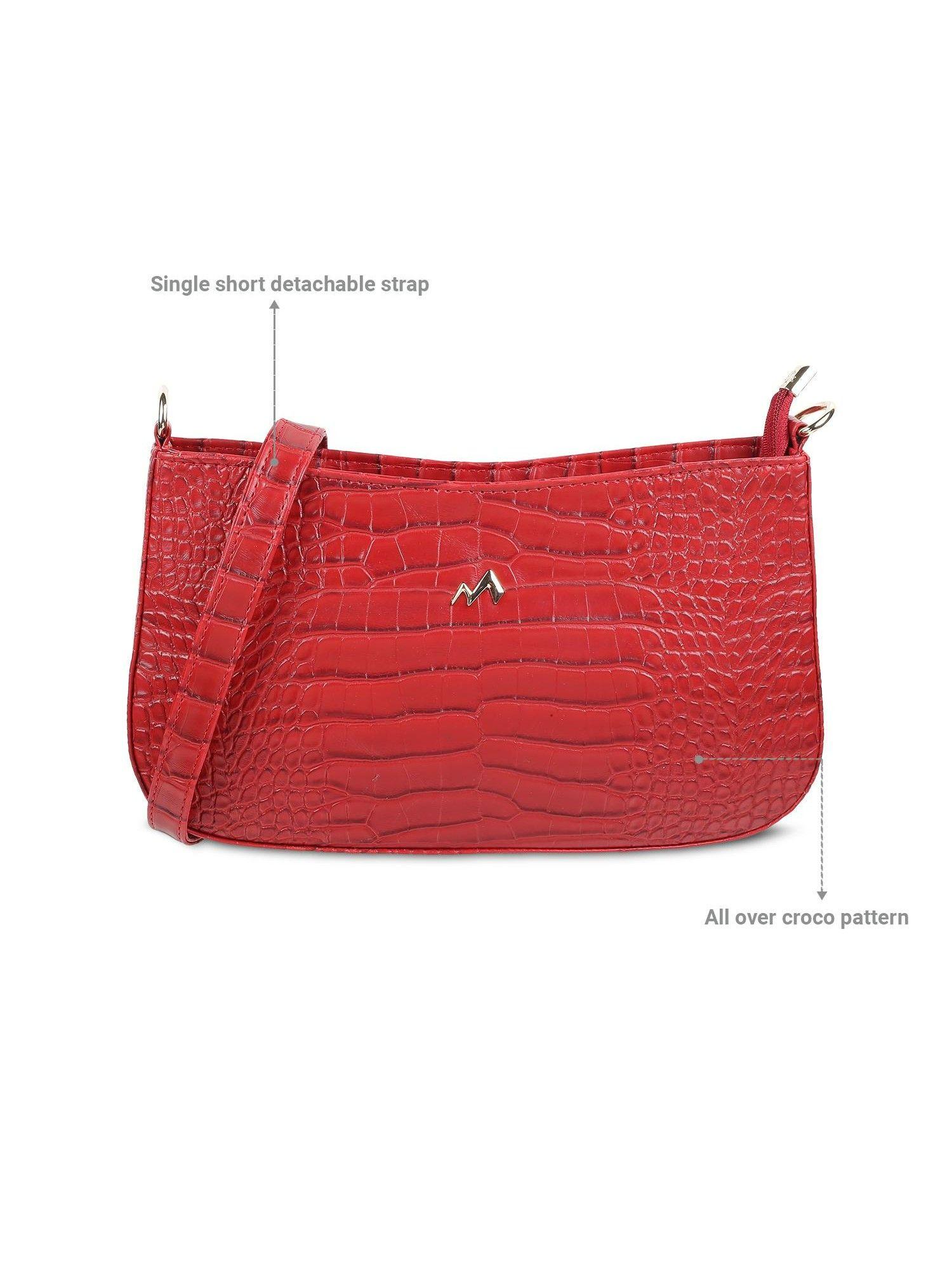 red faux leather fashion zip top sling with detachable strap (m)