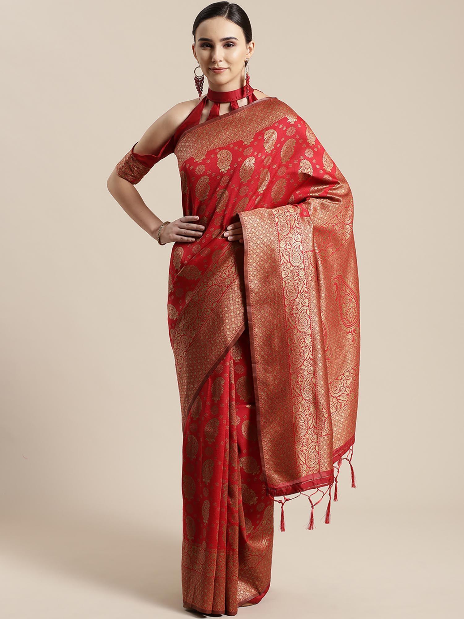 red festive silk blend woven saree with unstitched blouse