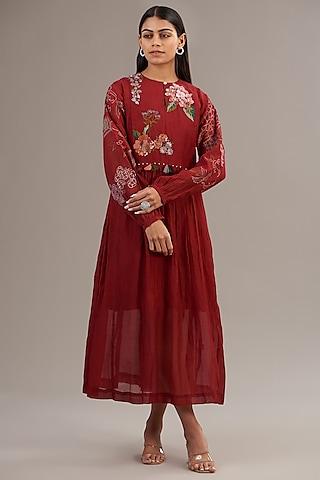 red fine chanderi floral embroidered gathered midi dress