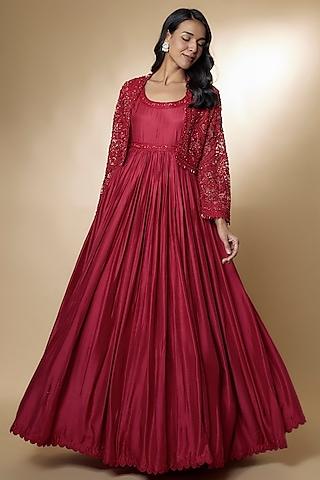 red fine silk embroidered anarkali with jacket