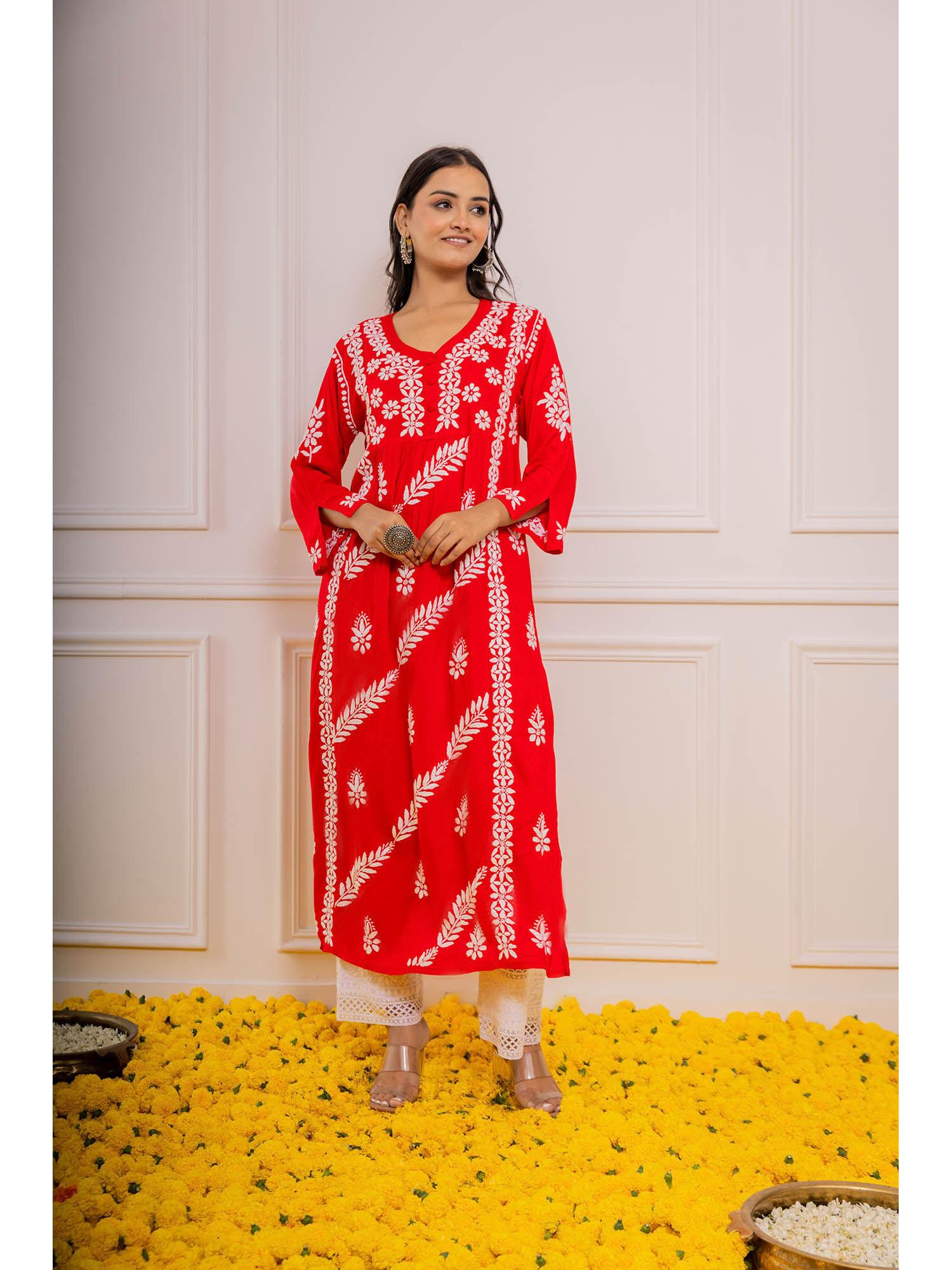 red fizaa chikankari kurta in rayon cotton