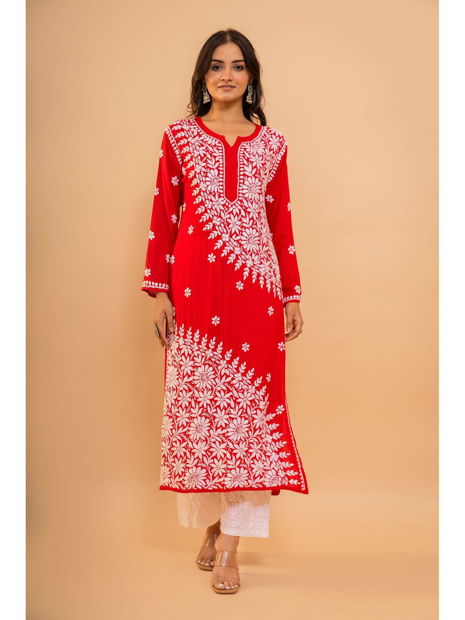 red fizaa chikankari modal cotton kurta