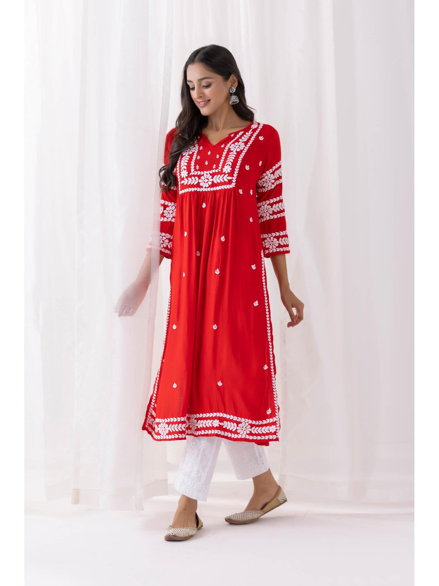 red fizaa in chikankari long kurta in rayon cotton for women