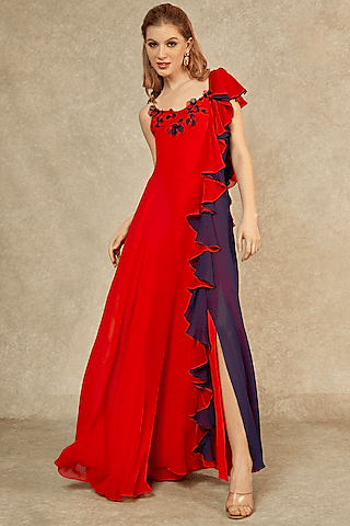 red flame & midnight blue cascade gown
