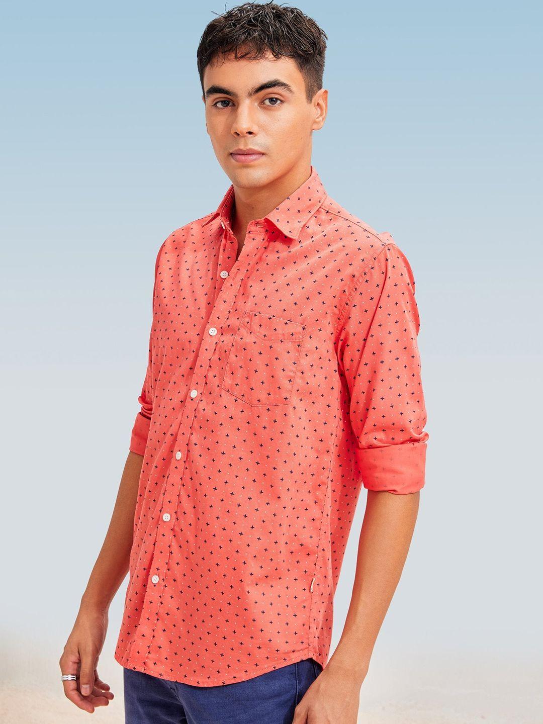 red flame abstract printed spread collar opaque cotton formal shirt