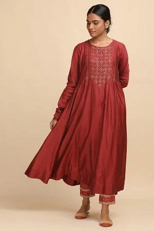 red flared cotton silk kurta