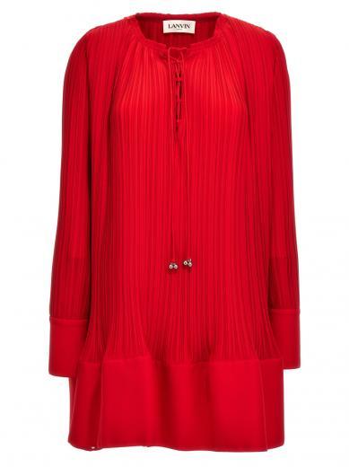 red flared pleated dress
