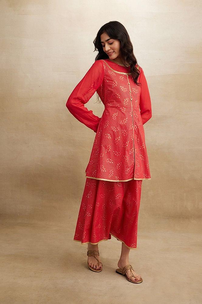 red flared printed modern ethnic dress