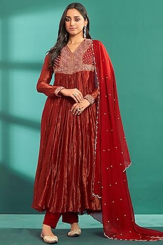 red flat silk & chanderi embroidered anarkali set