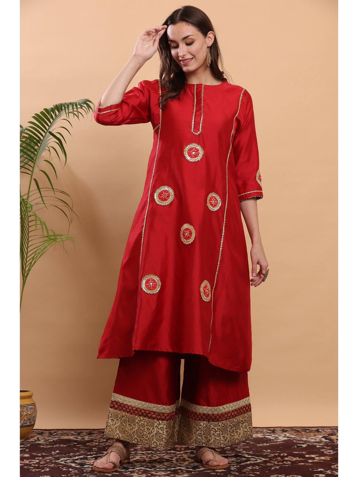 red flayred gota work kurta palazzo (set of 2)